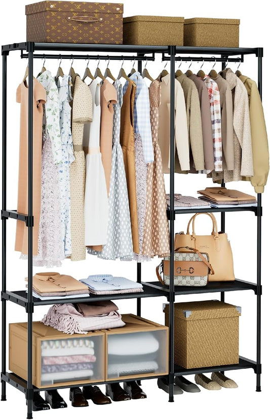CASAMAYA Clothes Rack, Portable Closet, 44.9 Inch Large Capacity Wardrobe Closet, Clothes Storage Organizer with Shelves and 2 Hanging Rods, Easy to Assembly, Black PCT021B01