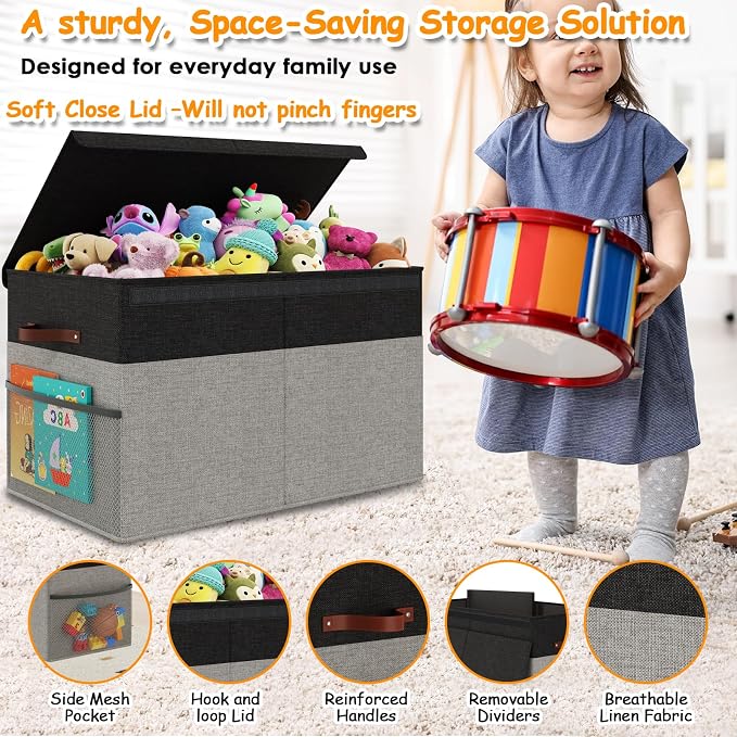 Large Toy Storage Box with Lid Upgraded Toy Storage Chest Organizer with Divider Foldable Toy Bin for Kids Boys Girls Playroom Nursery Bedroom (25"x13"x16")
