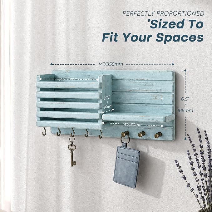 Rebee Vision Key Holder Wall Mount with Mail Slot for Room Decor, Blue | Pine Wood, Key Holder for Wall, 8 Key Hooks, Mail Organizer, Paper Storage, Wall Organizer, key Hanger Apartment Aesthetic