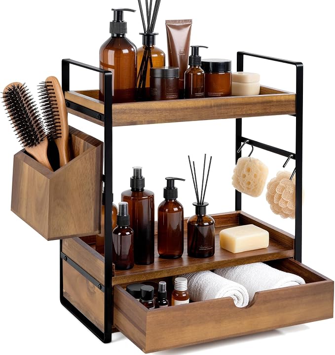 2-Tier Bathroom Counter Organizer, Acacia Wood Vanity Shelf with Drawer | Pre-Drilled Holes, Skincare & Makeup Countertop Organizer and storage, Acacia Dark Brown