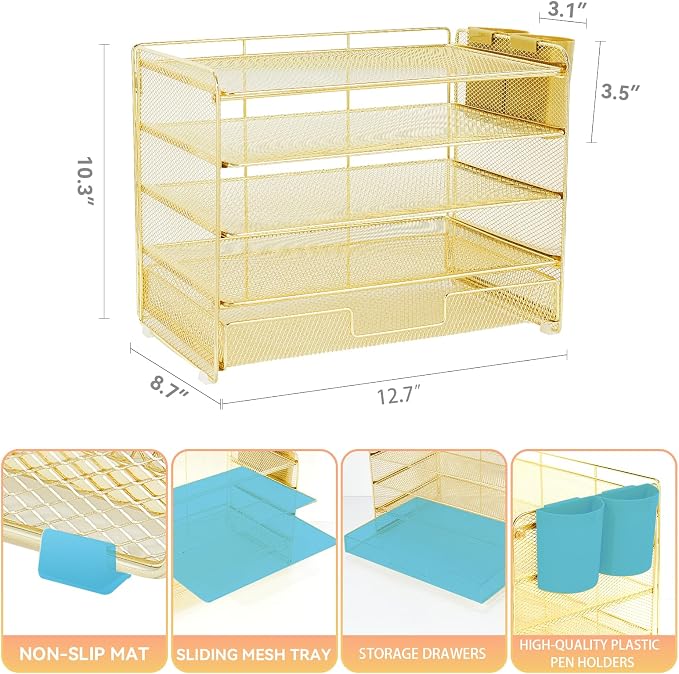LEKETREE Desk Organizers and Accessories, 5-Tier Paper Letter Tray Organizer with Drawer & 2 Pen Holders, Desktop Organizer for Office Supplies (Gold)