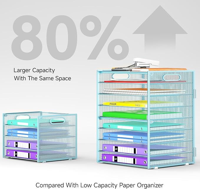 Cawukege 9 Tier Paper Organizer with Handle, Large Capacity Desk Organizer Mesh Paper Letter Tray File Folder Document Sorter for Classroom and Office Accessories Organization- Blue (2 Pack)