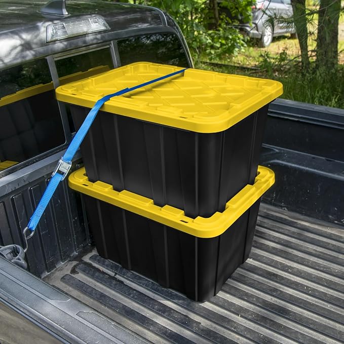 6 Pack, Large 27 Gallon Durable Plastic Storage Bin with Snap-On Lid, Storage Bin for Home Garage Organization, Black and Yellow