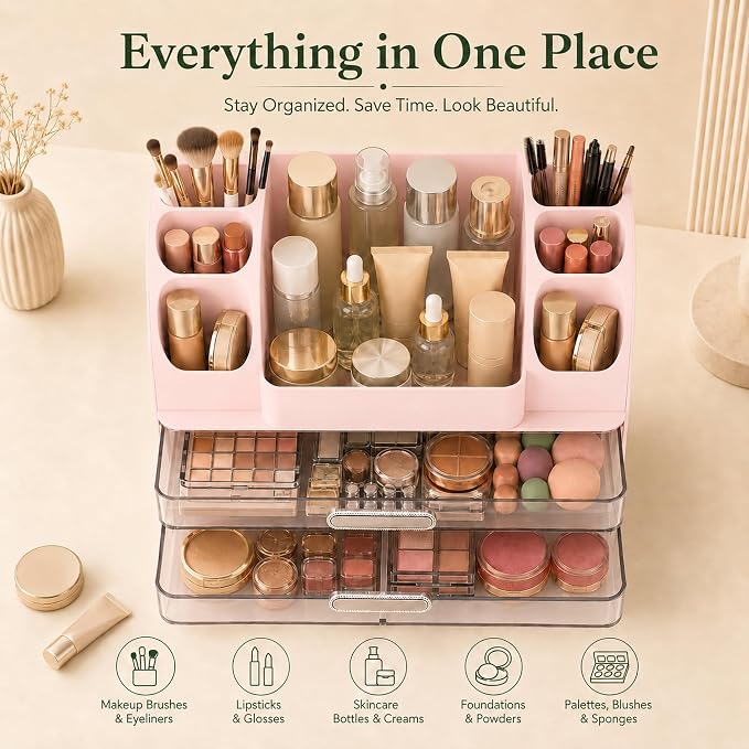 Large Makeup Organizer for Vanity - Perfume Cosmetic Display Cases | Skincare Organizers with 2 Drawers for Bathroom Dresser Desk, Easy to Store Brush Eyeshadow Lipstick Beauty Supplies, Pink