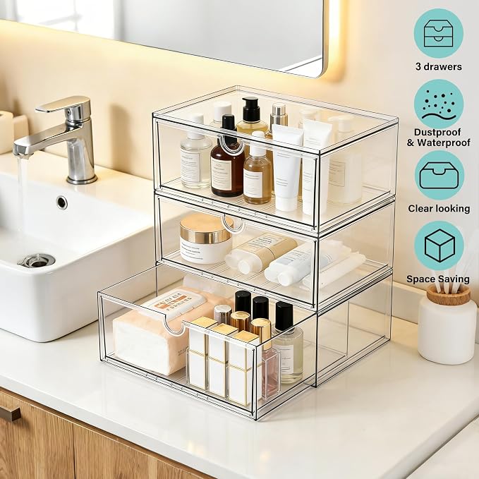 Prsildan Acrylic Makeup Organizer, 3 Pack Stackable Clear Storage Drawers for Baby Bottles Desk Organizers with 3 Drawers for Countertop Vanity Nursery Modular System for Cosmetics Jewelry