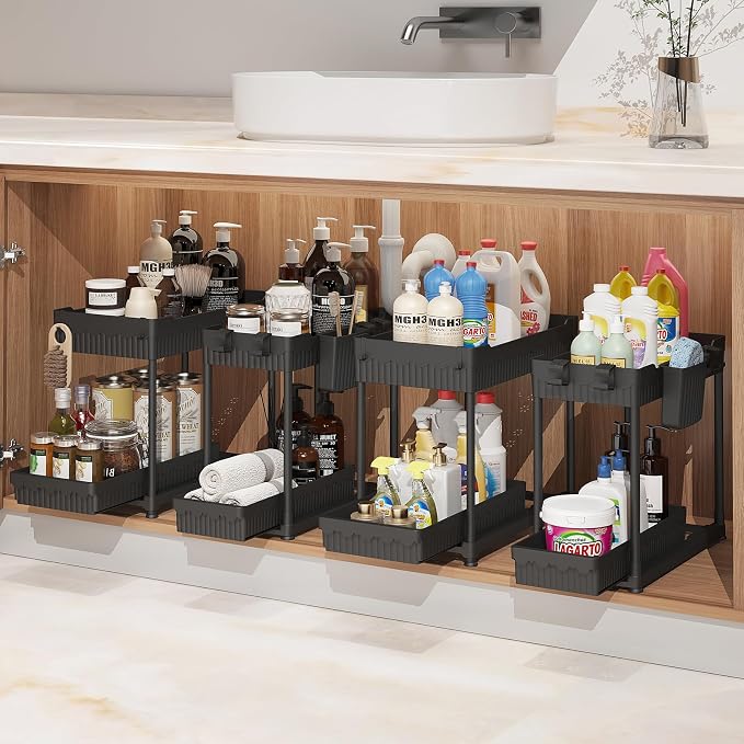 Sevenblue 4-Pack 2-Tier Under Sink Organizer with Pull Out Drawers | Multi-use kitchen & bathroom storage. Includes hanging hooks and cups. Black, space-saving cabinet design. 14.8 Inch