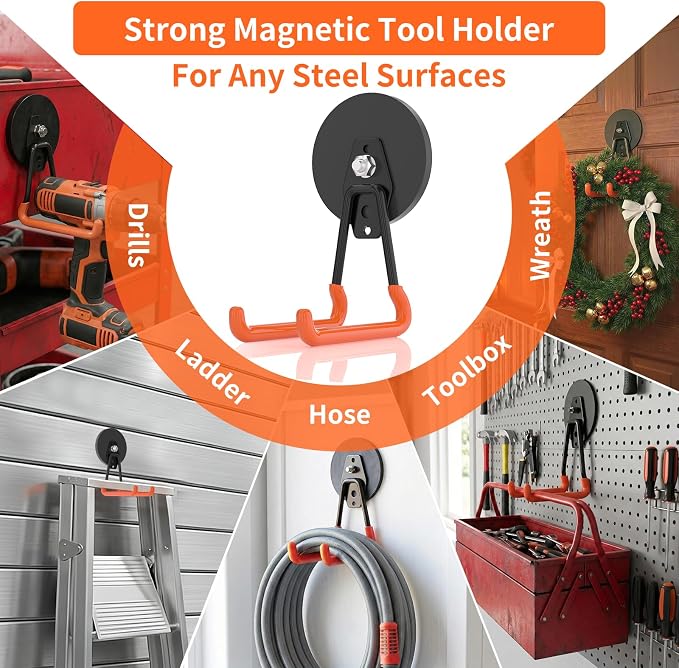 ENUODA Strong Magnetic Hooks Heavy Duty Upgraded Magnetic Tool Holder Large Magnet Hooks for Hanging Shovel, Garden Tool, Toolbox, Power Drill, Broom, Locker, Container, Van, Organization, 2PCS