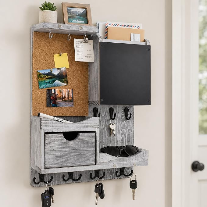 Key Holder Wall Mount， Mail Organizer Key Holder for Wall with Shelf, Drawer, Chalkboard, Corkboard, Home Decor Wall Mounted for Room Entryway(Grey)
