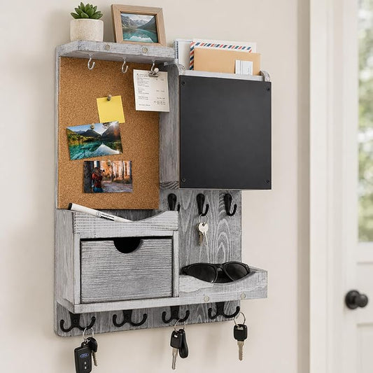 Key Holder Wall Mount， Mail Organizer Key Holder for Wall with Shelf, Drawer, Chalkboard, Corkboard, Home Decor Wall Mounted for Room Entryway(Grey)