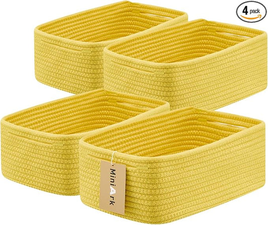MiniArk Small Storage Baskets for Organizing | Closet Organizer Bins | Shelf Toy Basket | Woven Rope Baskets | Cube Decorative Box | Shallow Basket | 13x8.5x5.1” | 4 Packs Yellow