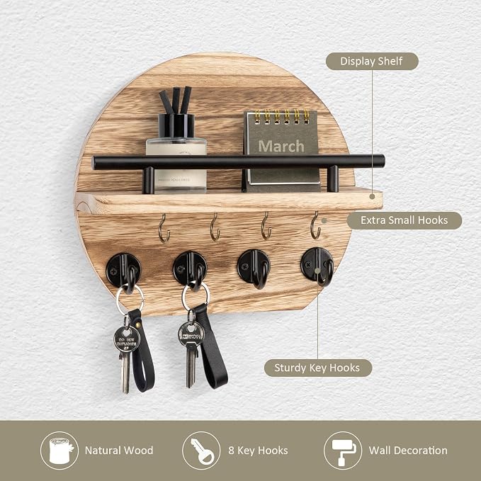 Nekon Key Holder for Wall - 9.8 Inch Apartment Wall Decor with Shelf and 8 Key Hooks, Circular Wood Key Hanger for Home Decor (Wood)