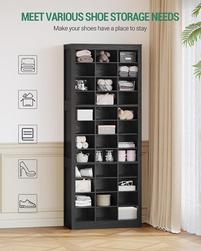 Hzuaneri Shoe Storage Cabinet, 36 Pairs Free Standing Closet Organizer, 9 inch Widened Cell Wood Shoe Organizer, 12 Tiers Vertical Space Saving Shoe Rack for Entryway, Cloakroom, Black SR20704X