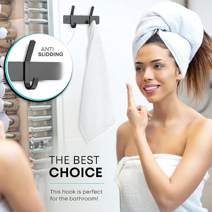 Coat Rack Wall Mount – 6 Inch Stainless Steel Hook Rail with 2 Double Coat Hooks for Hanging – Wall Mounted Entryway Organizer for Coats, Hats, Bags, Towels, Robes, Closet or Bathroom - Black 2 Pack