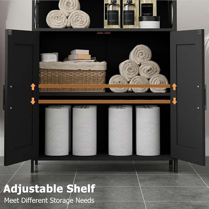 Homhedy Farmhouse Bathroom Storage Cabinet with Doors, Small Floor Cabinet | Toilet Paper Cabinet with Adjustable Shelf, Freestanding Storage Cabinet for Kitchen/Laundry/Living Room, 24"W, Black