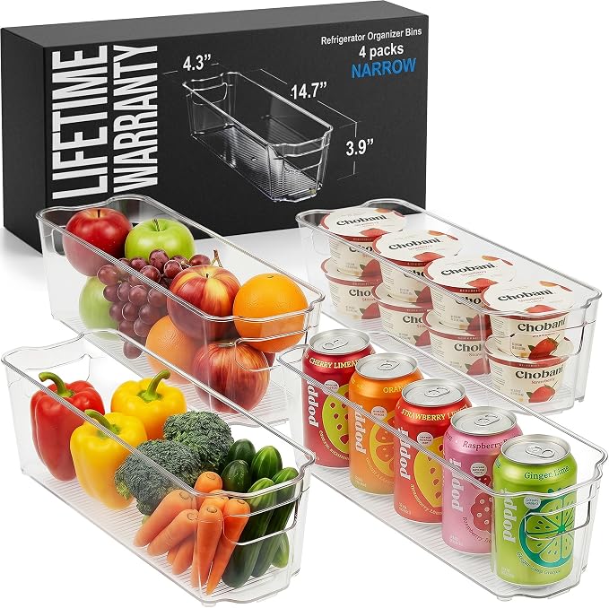 Zulay 4 Pack Clear Refrigerator Organizer Bins - Narrow Fridge Organizers and Storage Clear - Ideal Freezer Organizer Bins, Refrigerator Storage Containers, Kitchen Cabinets, Pantry Organization