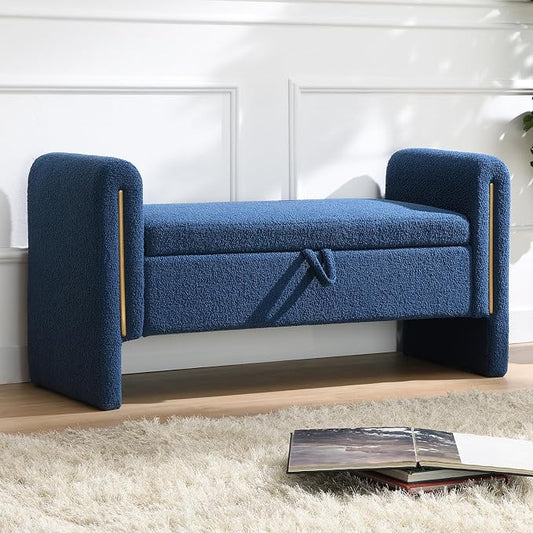 NIOIIKIT 52" Storage Ottoman Bench, Teddy Upholstered Storage Bench with Armrest, Entryway Bench with Pull-Ring, End of Bed Bench, Window Bench for Living Room (Blue)