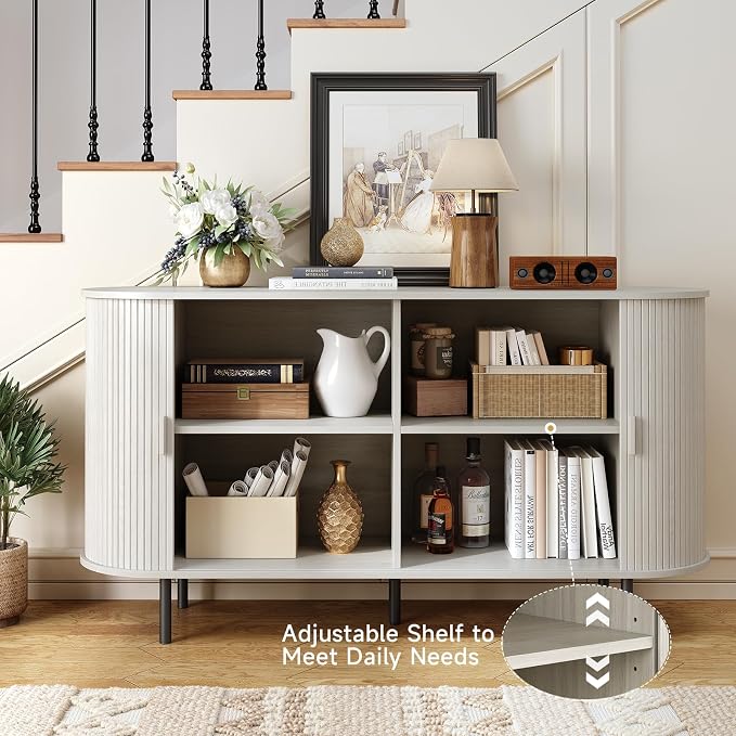 55" Sideboard Buffet Cabinet with Storage, Storage Cabinet with Sliding Door & Adjustable Shelf, Modern Accent Coffee Bar Console Table for Kitchen, Entryway, Natural White