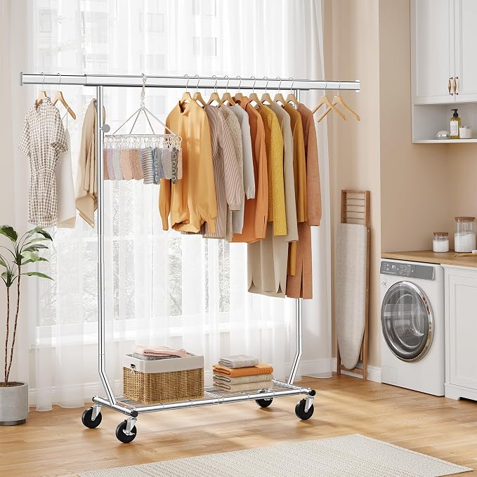 Clothes Rack with Shelf Load 350 LBS, Plating Chrome | Heavy Duty Collapsible Clothing Rack for Hanging Clothes, Extendable & Adjustable, Garment Rack with Wheels for Bedroom