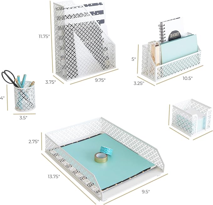 BLU MONACO | White Desk Organizer Set 6 Piece | Mail Sorter Organizer Countertop with Letter Sorter for Desk | Standing File Organizer for Desk with Pen Holders