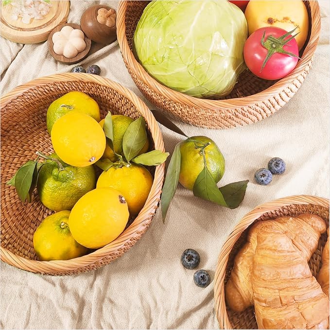 10.2" Large Rattan Wicker Bread Basket, Fruit Basket for Kitchen Counter | Handwoven Natural Food Baskets, Well-Made & Sturdy Bread Baskets for Serving, Versatile for Fruit, Vegetable & More (Round)