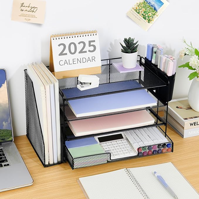 OPNICE Desk Organizer, 4-Tier Desktop File Organizer with Drawer and Pen Holders, Office Desk Accessories, File Sorters, Workspace Organizers for Office Supplies(Black)