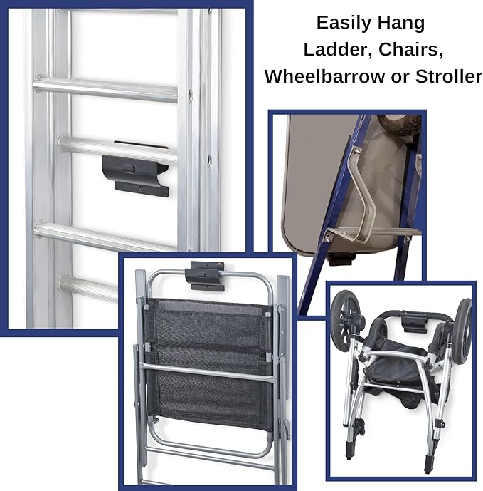 Ladder Hanger Set of 2 for Garage Wall - Black Heavy Duty Utility Hook | Wall Mount Ladder Storage, Versatile Tool Holder To Maximize Space In Shed, Workshop, Garden, Hang Wheelbarrow, Folding Chair