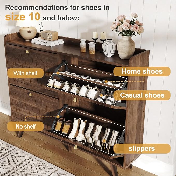 Decofy 47.2” Shoe Cabinet with 4 flip-Down Drawers, Three Adjustable Levels, freestanding Wooden Shoe Rack, Suitable for entryway, Hallway, and Living Room (Walnut) | 47.2''W; 4 Flip-Down Shoe Storage Drawers; 3 Adjustable Shelves; Narrow Entryway Desi...