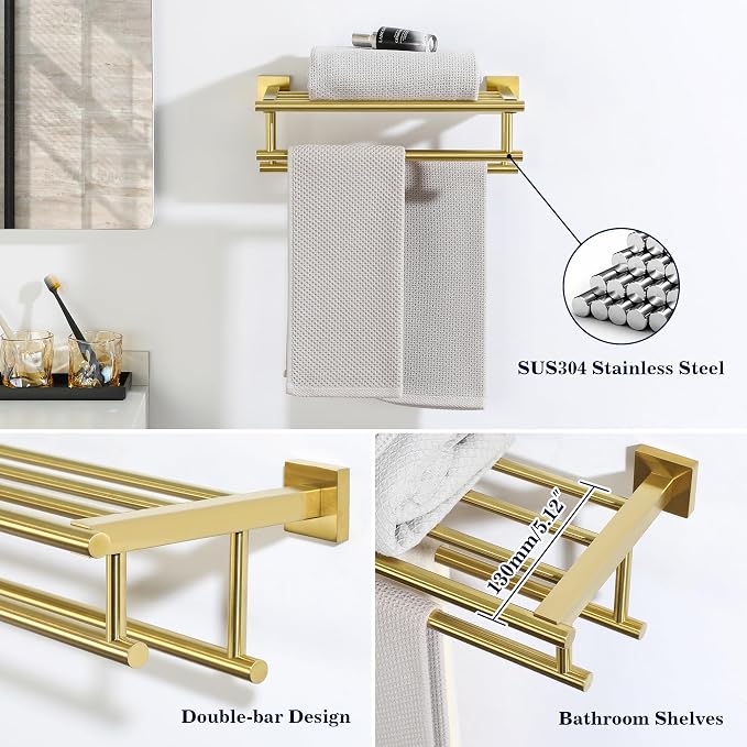 Alise Double Towel Rack for Bathroom Wall Mounted 20 Inch,Brushed Gold | SUS304 Stainless Steel Towel Rack with Shelf,Bathroom Tower Holder Towel Shelf with Double Towel Bars for Bath Kitchen