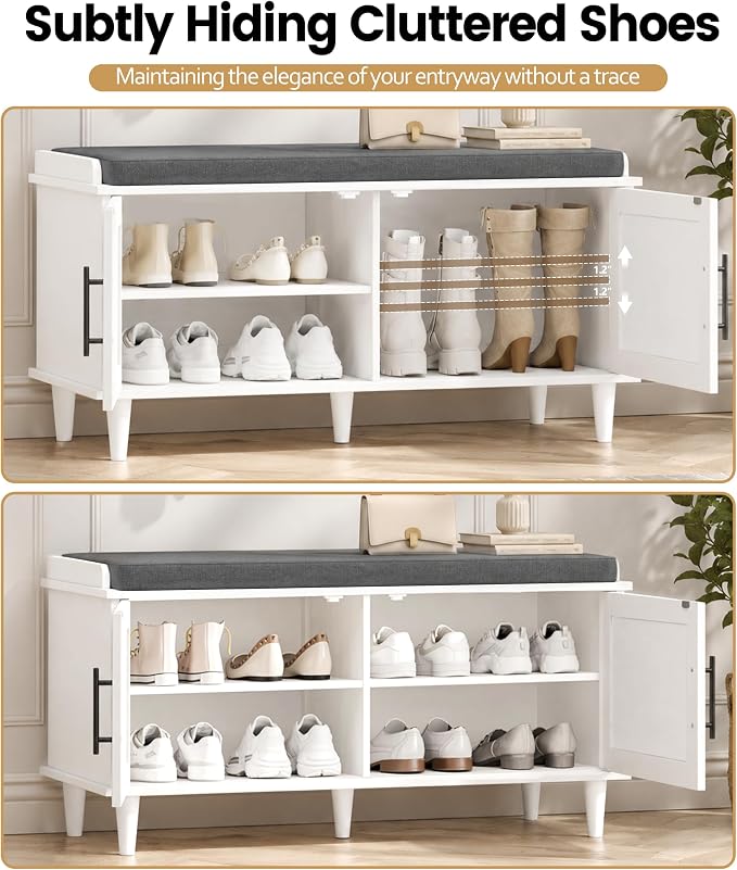 Akxomel 39.4" Rattan Shoe Storage Bench 2 Doors Wooden Entryway Bench White | 2 Tier Shoe Bench with Padded Cushion, Adjustable Shelves and 2 Doors, Solid Wood Legs, for Hallway, Living Room, Bedroom