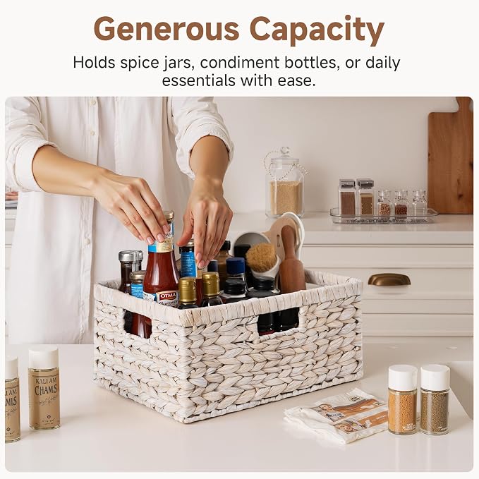 StorageWorks Pantry Baskets, Wicker Storage Baskets for Organizing, Shelves, Pantry Organizers and Storage, Water Hyacinth, White