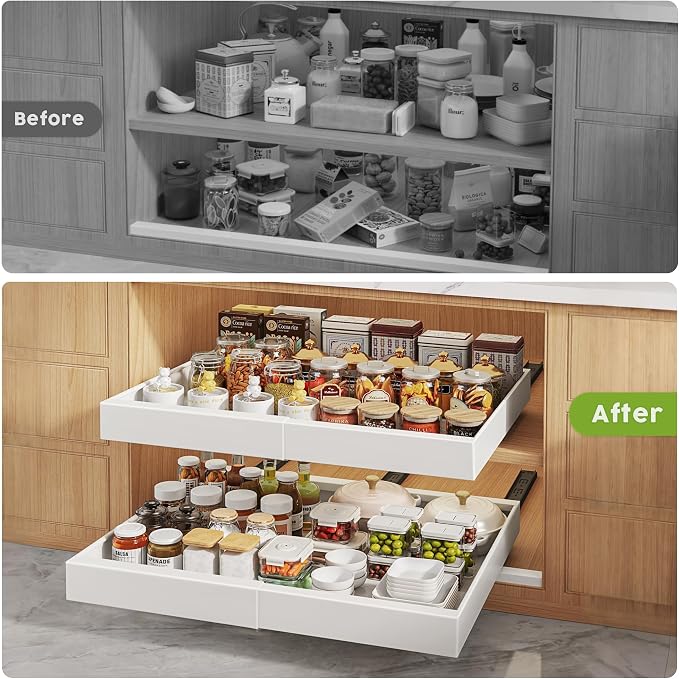 Seinloes 2 Pack Pull Out Cabinet Organizers 21"Deep with Raising Pad for Framed Cabinets,Expandable Slide Out Drawers Upgrade 3 Slide Rails,Roll Out Shelves Adhesive,Adjustable Width 12"-20.45" White