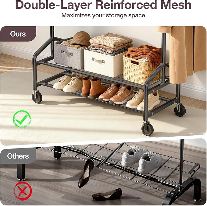 Heavy Duty Clothes Rack, Rolling Clothing Rack Load 650 LBS for Hanging Clothes with 2 Sturdy Shelves, Metal Garment Rack with Wheels for Bedroom, Laundry Room, Retail Store, Black