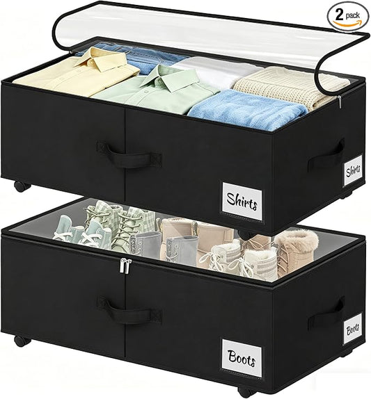 Under Bed Storage with Wheels, 2 Pack Underbed Storage Containers with Clear Lid & Label, XXL 75L Easy Assembly Rolling Under Bed Shoe Storage for Clothes, Shoes, Blankets, Black(28.3 X 16.5 X 9.5 in)