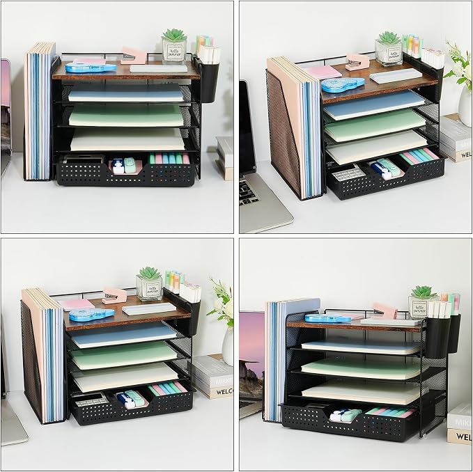 OPNICE Desk Organizer, 5-Tier Desktop File Organizer with Drawer and Pen Holders, Office Desk Accessories, File Sorters, Workspace Organizers for Office Supplies(Wood)