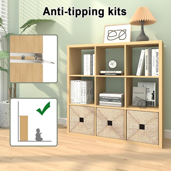 9 Cube Storage Organizer Shelf, Oak Color, 11 Inch | 2026 Wooden Thick Frame, Anti-Tipping Kits, Reversible Open Back Bookcase, Horizontal and Vertical Dual-use