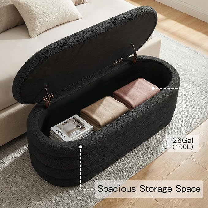 Storage Ottoman Bench, 45'' Upholstered Boucle Ottoman with Storage, Aesthetic End of Bed Bench for Bedroom Living Room Entryway, Black