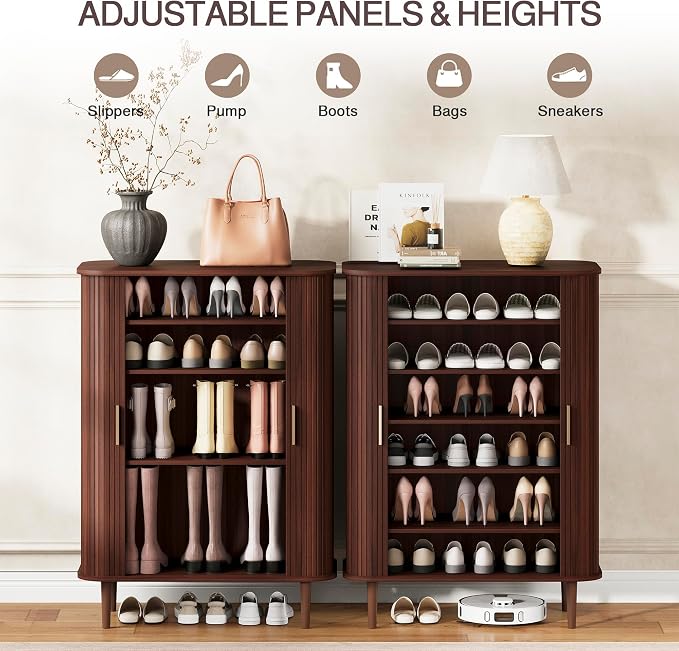 DHH Shoe Storage Cabinet with Sliding Door, 6-Tier Shoe Cabinet with Adjustable Shelves, Modern Freestanding Shoe Storage Organizer for Entryway, Hallway, Living Room (Walnut, 31.5 ")