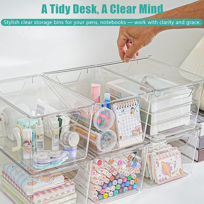 6 Pack Large Clear Storage Bins with Lids, Acrylic Arts and Craft Storage Containers, Stackable Clear Plastic Craft Storage Bins with Handles for Classroom Storage Organization,Kitchen, Fridge, Office