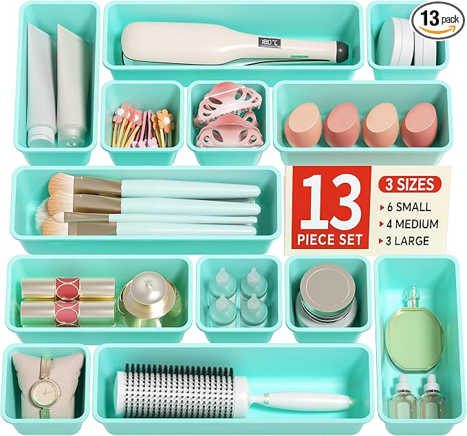 Canfanni 13 Pack Plastic Drawer Organizers Set, 3 Sizes Desk Drawer Organizer Trays for Vanity and Makeup Organizer, Organization and Storage for Makeup, Kitchen Utensils, Bathroom and Office(Blue)