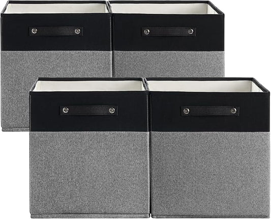 FinishingBo 13x13x13 Storage Cube Bins 4 Pack, Cube Shelf Baskets | Foldable Storage Cubes, Linen Storage Bins with Handles, Closet Organizers, Black/Gray