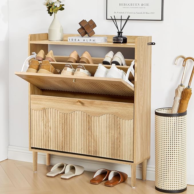 BERRYMERRY Oak 31.5" Fluted Shoe Storage Cabinet with 2 Flip Drawer | narrow,entryway,adjustable feet,32 pairs shoe,shoe organize,hidden shoe rack,fluted panel,wave pattern,wood,space saving