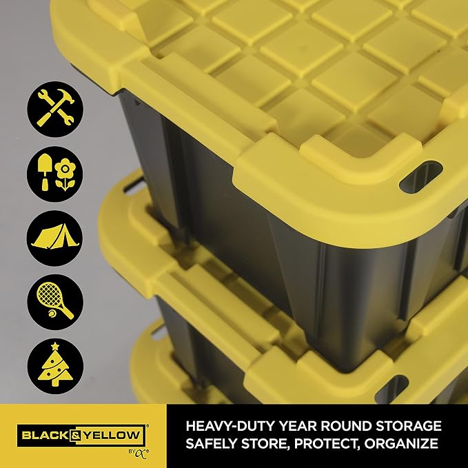 CX Heavy Duty 12-Gallon Stackable Plastic Storage Bins with Lids, 4 Pack | Storage totes for garage organization, Stackable containers, weather-resistant, snap lid, 12.5H x 16.3W x 21.8D, Black/Yellow