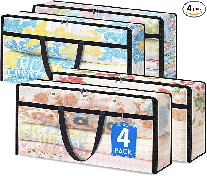 TasticTotes 4 Pack Clear Storage Bags for Comforter, 90L Long | Plastic Blanket Storage with Zipper & Handle, Foldable Moving Bags, Closet Organizer and Under-Bed Storage Containers