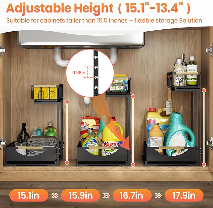 Under Sink Organizer and Storage 2 Tier Cabinet Pull Out Shelf Organizers | 2 Pack 2 Tier under sink storage for Bathroom and Kitchen Slide Out Drawer Organization for Home Cabinets Shelves and Drawers