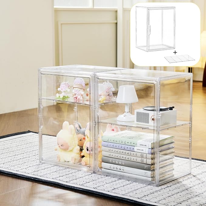 LXLXXL 2 Tier Stackable Shelf Acrylic Display Case with Magnetic Lid 4-Pack | Clear Acrylic Box with Magnetic Door and Removable Shelf, for Makeup, Figures, Purse Storage, Dustproof Display Organizer