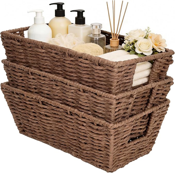 Paper Rope Storage Baskets for Shelves Organizing, Small Hand Woven Wicker Organizer Basket with Handle for Bathroom Toilet Paper Storage, Brown, 3-Pack
