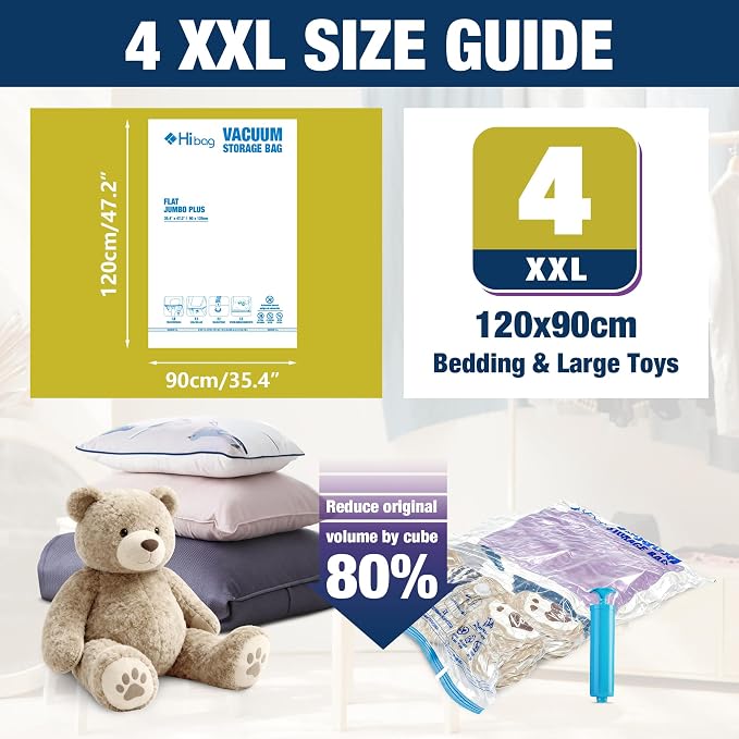 XXL Jumbo Vacuum Seal Storage Bags Extra Large for Clothing Bedding | 47''X35'', Airtight Triple Seal, Save 80% Space, Hand Pump, Work with Vacuum, Double Zip, Reusable, Easy to Use, 4 pack
