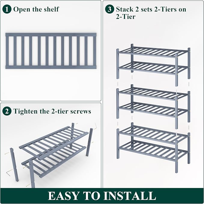 Smiry Bamboo Shoe Rack, 14 Vertical Slats, 6 Tier - 26.8" Wide, Grey | Stackable Free Standing Wooden Shoe Organizer, Wood Shoe Storage Shelf for Closet, Entryway, Thicher Leg