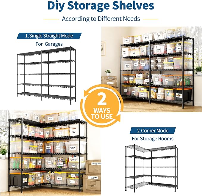 REIBII 70" W Storage Shelves, 1600LBS Heavy Duty & L/H Shaped, for Garage | 5-Tier Freestanding, Adjustable shelf, Powder Coated Moisture Resistant, Anti-Tipping Device, Leveling feet, for Kitchen
