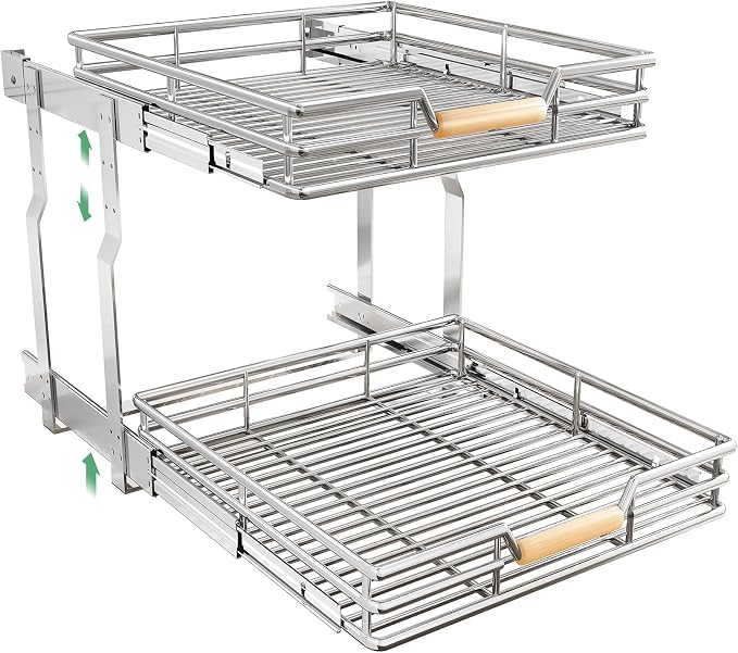Pull out Cabinet Organizer, 2 Tiers 23"W X 21"D, Heavy Duty Smooth Sliding Under Cabinet Shelves for Pots and Pans, Full-Extension Roll out Drawers, Slide out Organization for Home Kitchen Pantry